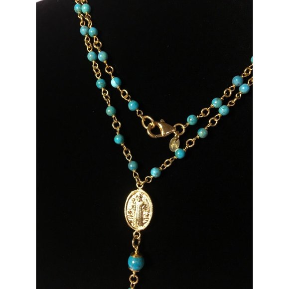 Rosary Beads Cross Necklace Gold Plated Turquoise Made in Italy - Picture 2 of 8